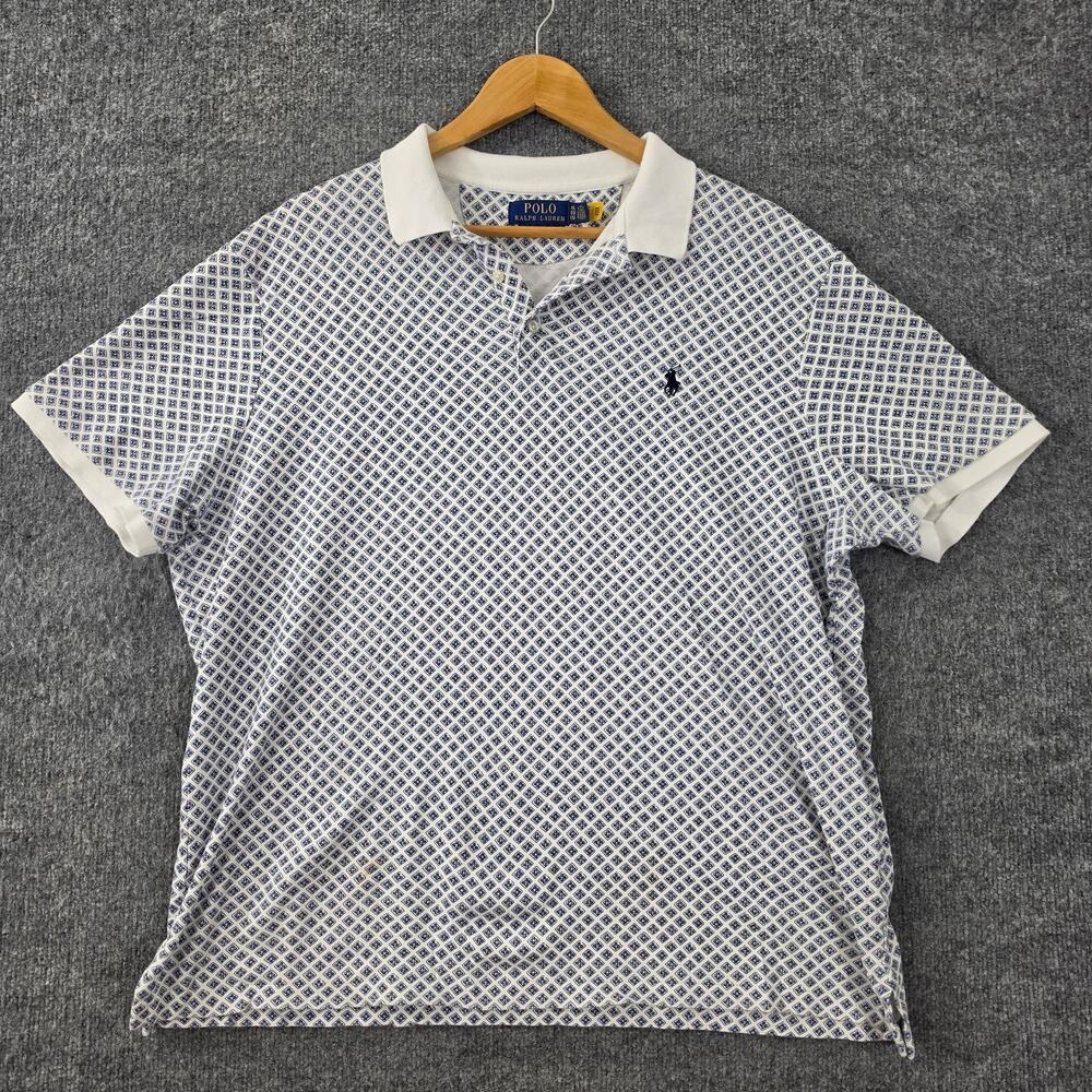 Polo Ralph Lauren Shirt Mens XL Geo Print White Polo Short Sleeve Preppy Casual
